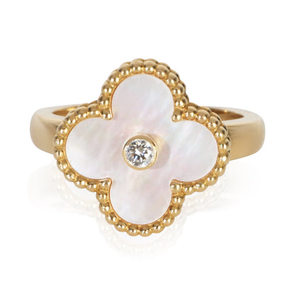 Yellow Gold Mother Of Pearl and Diamond Vintage Alhambra Ring
