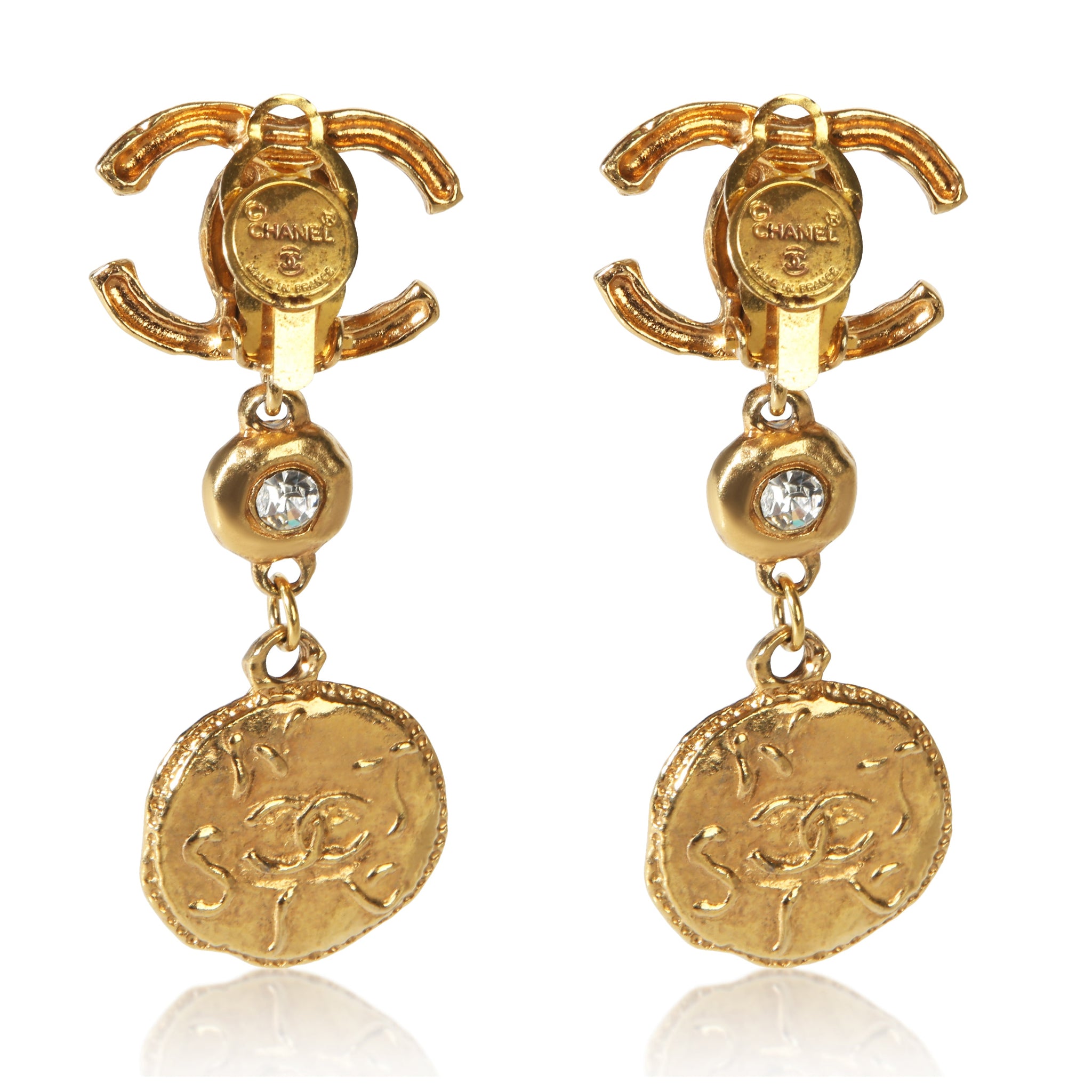 Gold-Plated Vintage Strass CC Medallion Earrings