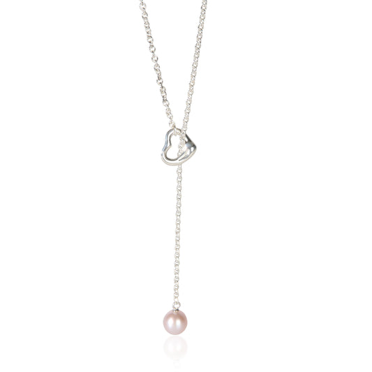 Sterling Silver Pearl Elsa Peretti Open Heart Lariat Pendant