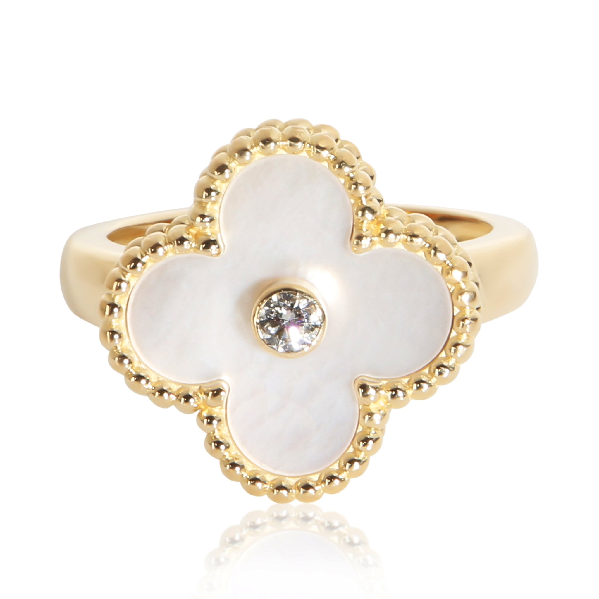 Yellow Gold Mother Of Pearl and Diamond Vintage Alhambra Ring