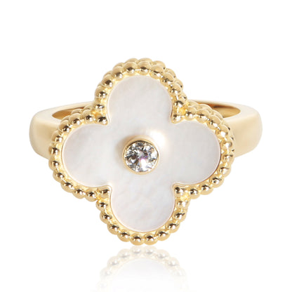 Yellow Gold Mother Of Pearl and Diamond Vintage Alhambra Ring