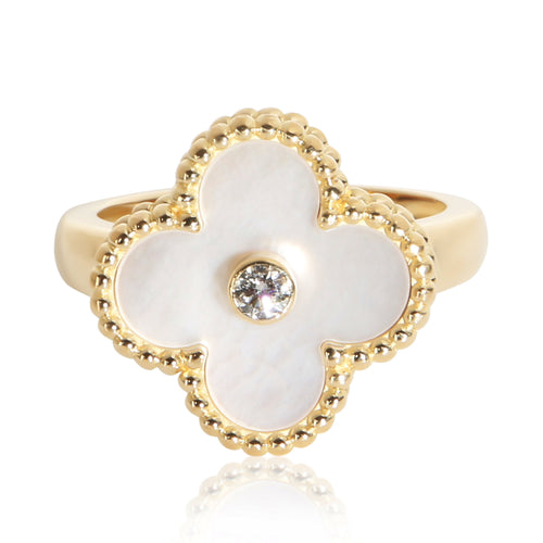 Yellow Gold Mother Of Pearl and Diamond Vintage Alhambra Ring