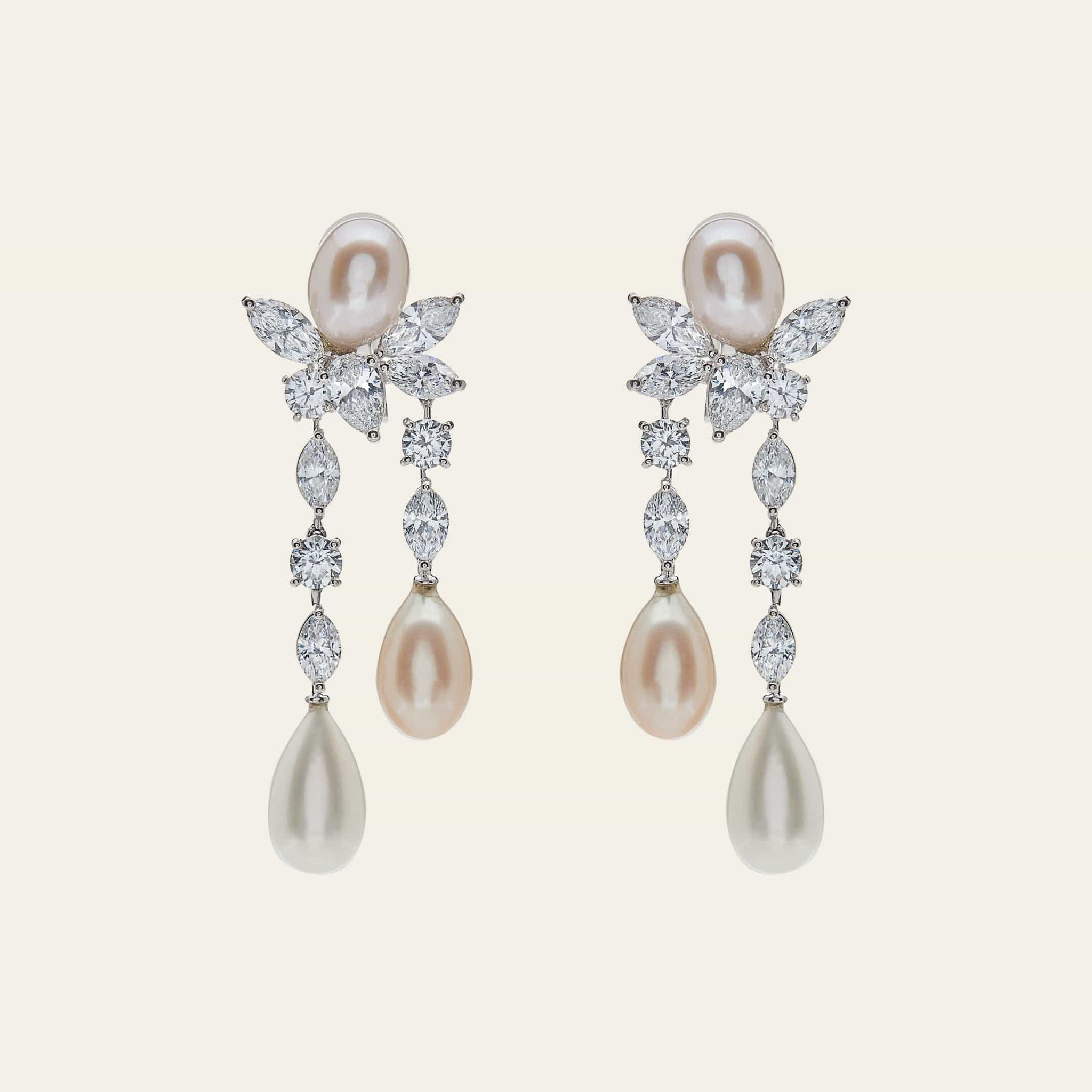 Graff Platinum and White Gold Diamond and Pearl Drop Earrings