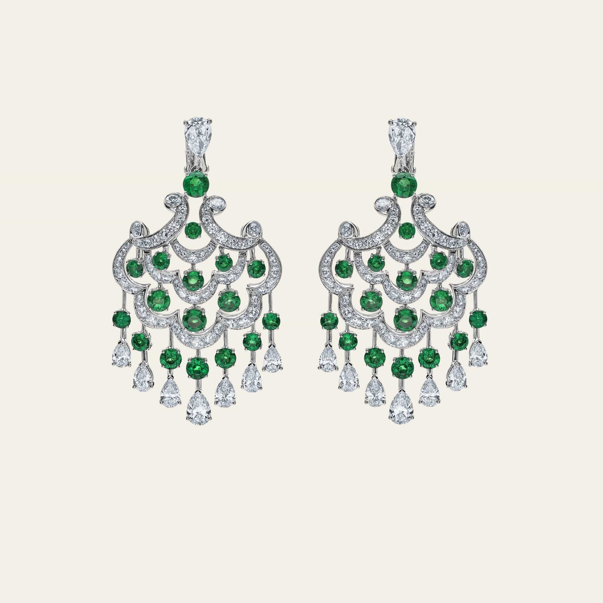 Graff White Gold Diamond and Emerald Chandelier Earrings