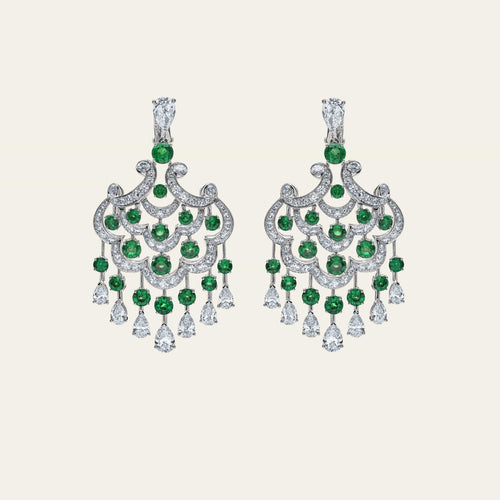 Graff White Gold Diamond and Emerald Chandelier Earrings