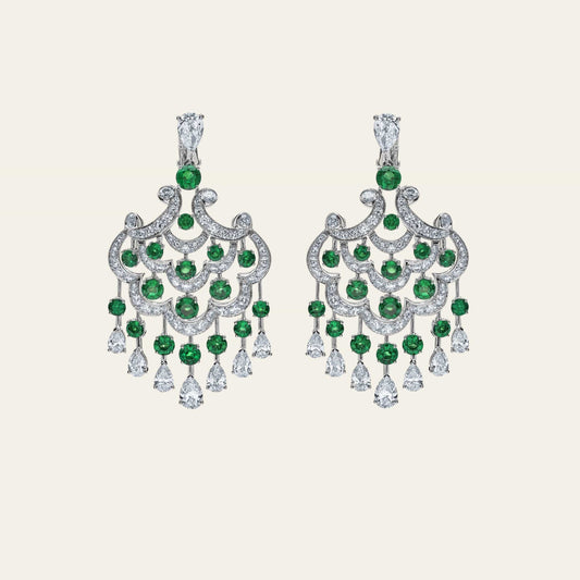 Graff White Gold Diamond and Emerald Chandelier Earrings